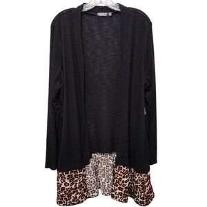 CURE Black Ribbed and Leopard Print Open Front Cardigan Sweater Size 2XL